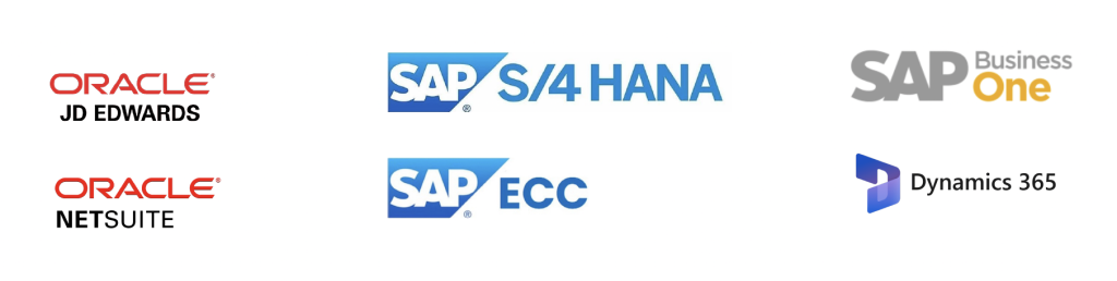 Oracle Netsuite Oracle JD Edwards SAP S/4 HANA SAP ECC SAP B1 SAP BOne Microsoft Dynamics
